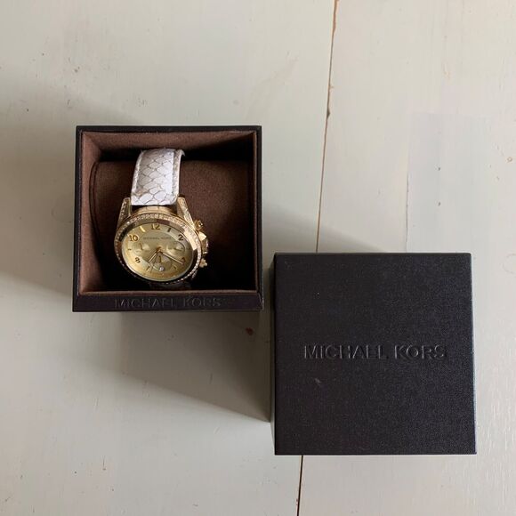 Michael Kors Watch White Python Snake Embossed Leather Band Mob Wife Crystals main image 4